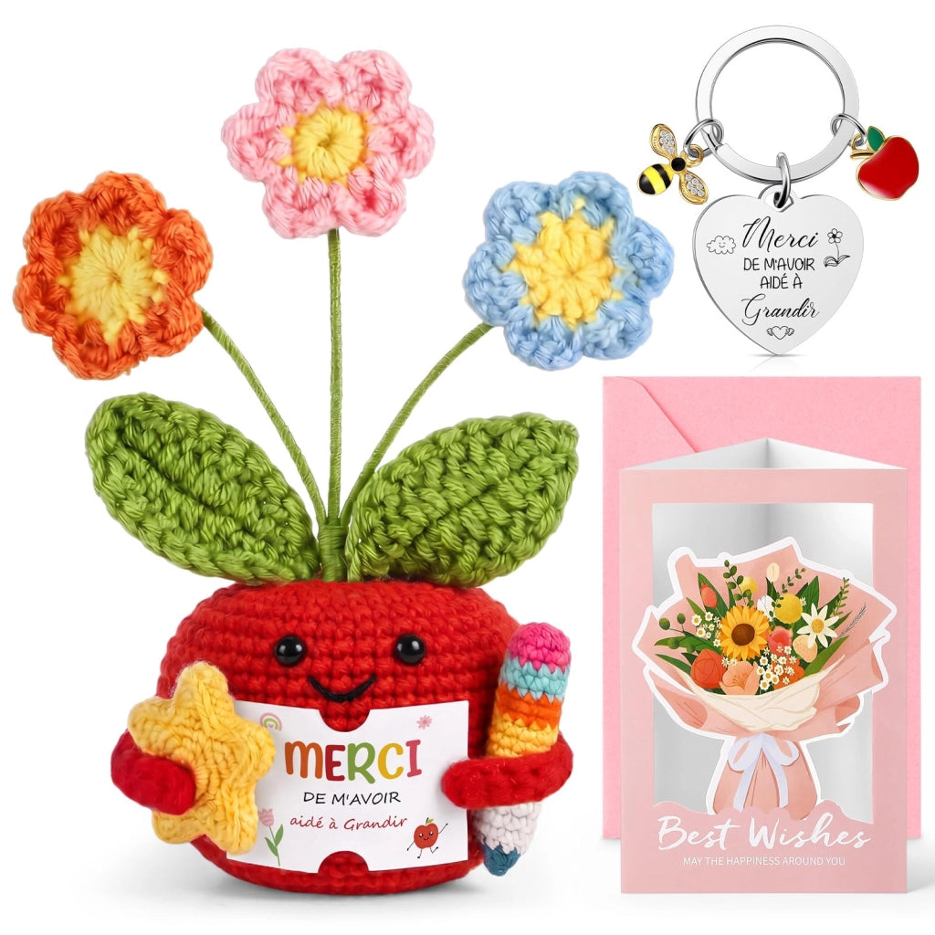 Set di ringraziamento: bambola a forma di fiore, portachiavi e biglietto