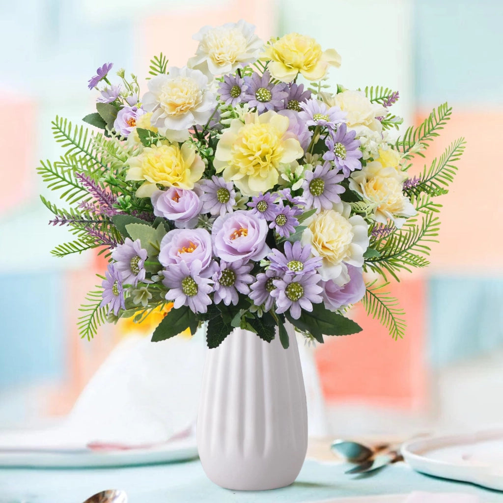 Composizione floreale artificiale, colore viola, con lilla, rose e lavanda, altezza 40 cm