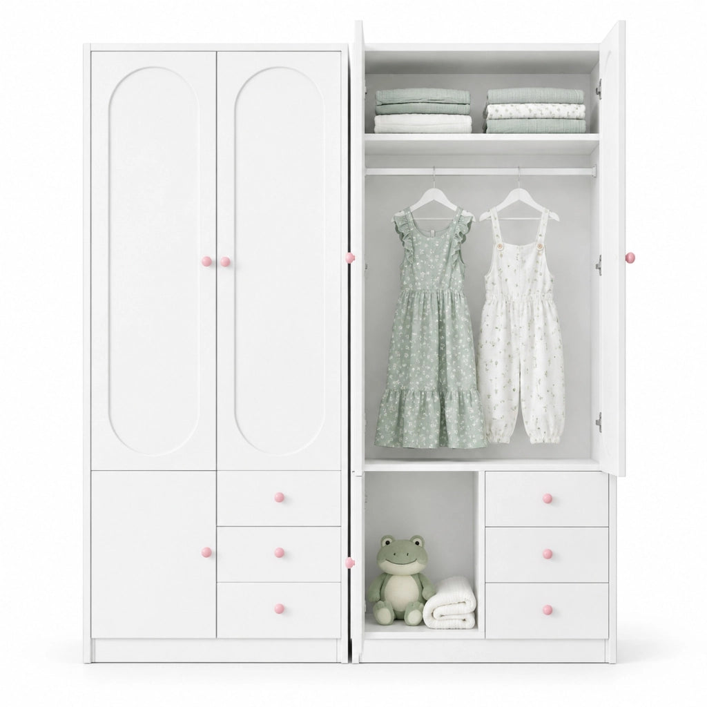 Armadio bianco in MDF con tre cassetti e maniglie rosa