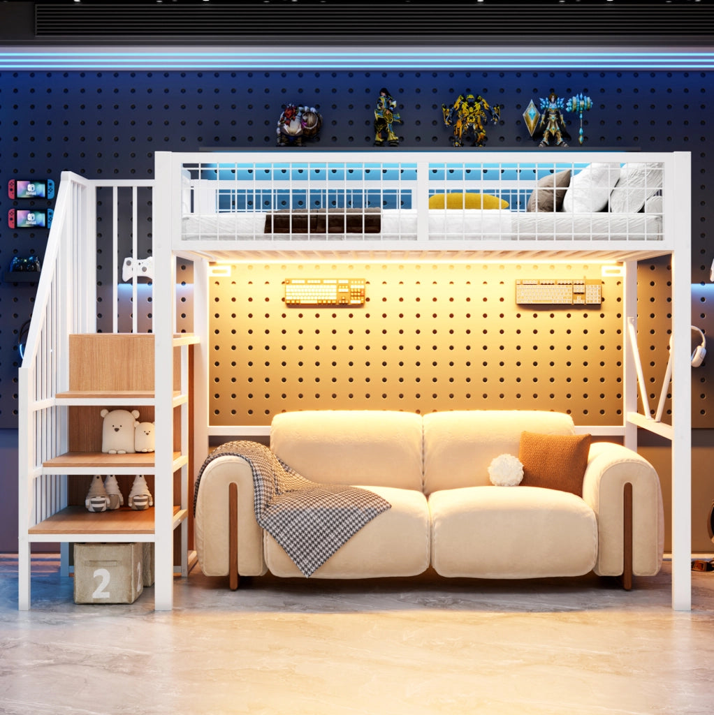 Letto a soppalco 90 x 200 cm bianco con scala contenitore e LED