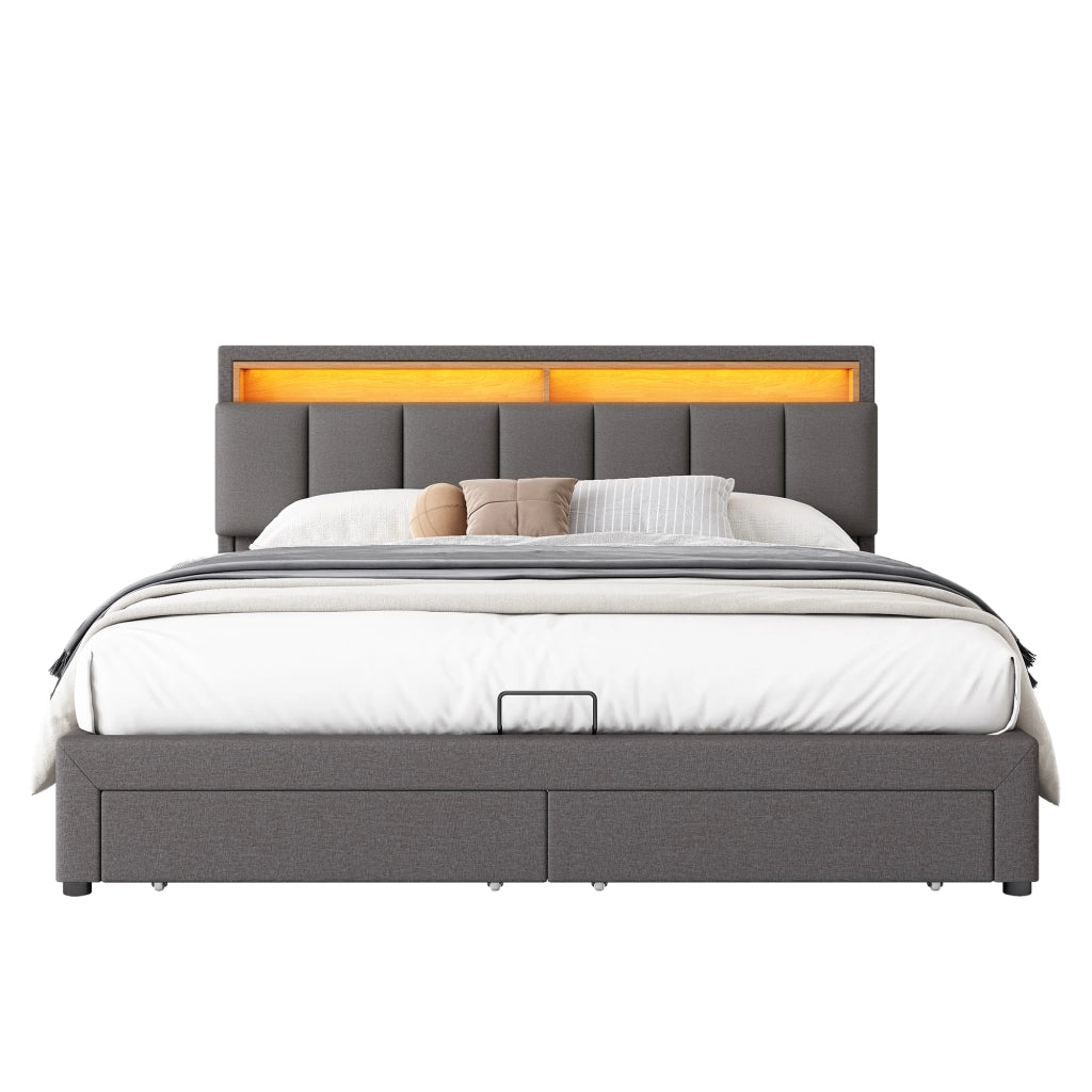 Letto matrimoniale contenitore 180x200 imbottito grigio con LED e struttura in acciaio