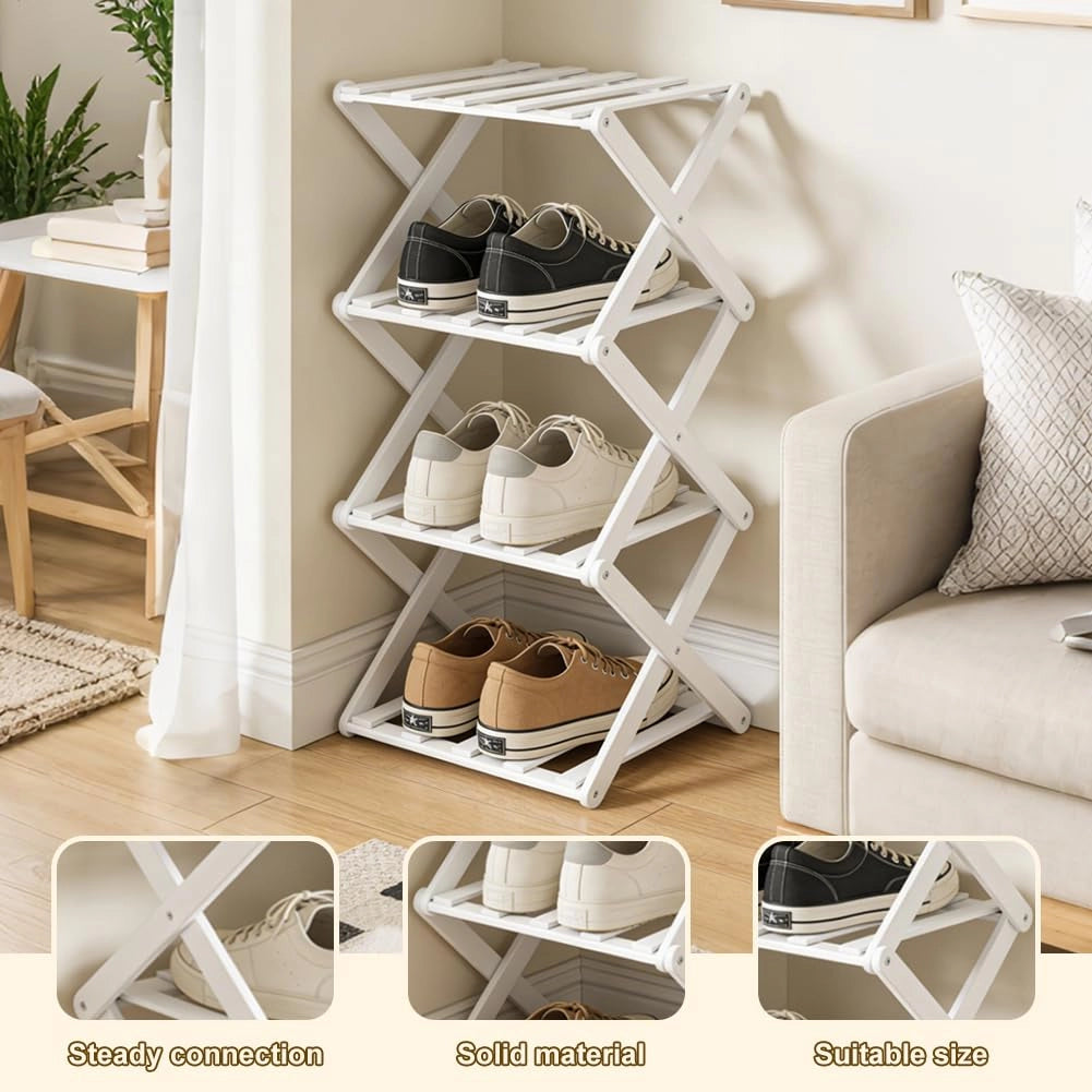 Scaffale per scarpe, 4 ripiani, in bambù, pieghevole, 27x26x39 cm, bianco