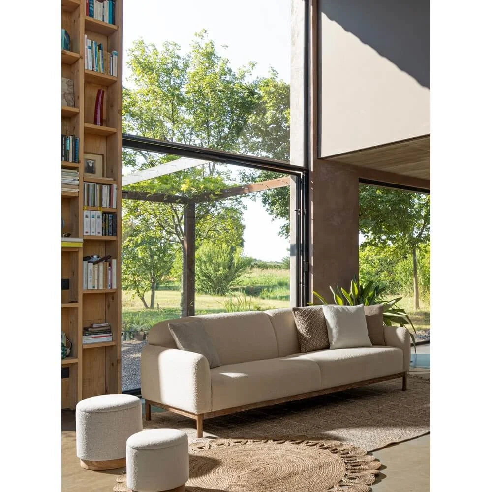 Set di 2 Pouf Contenitore Rotondi in Bouclé con Base in Legno Brian Bianco