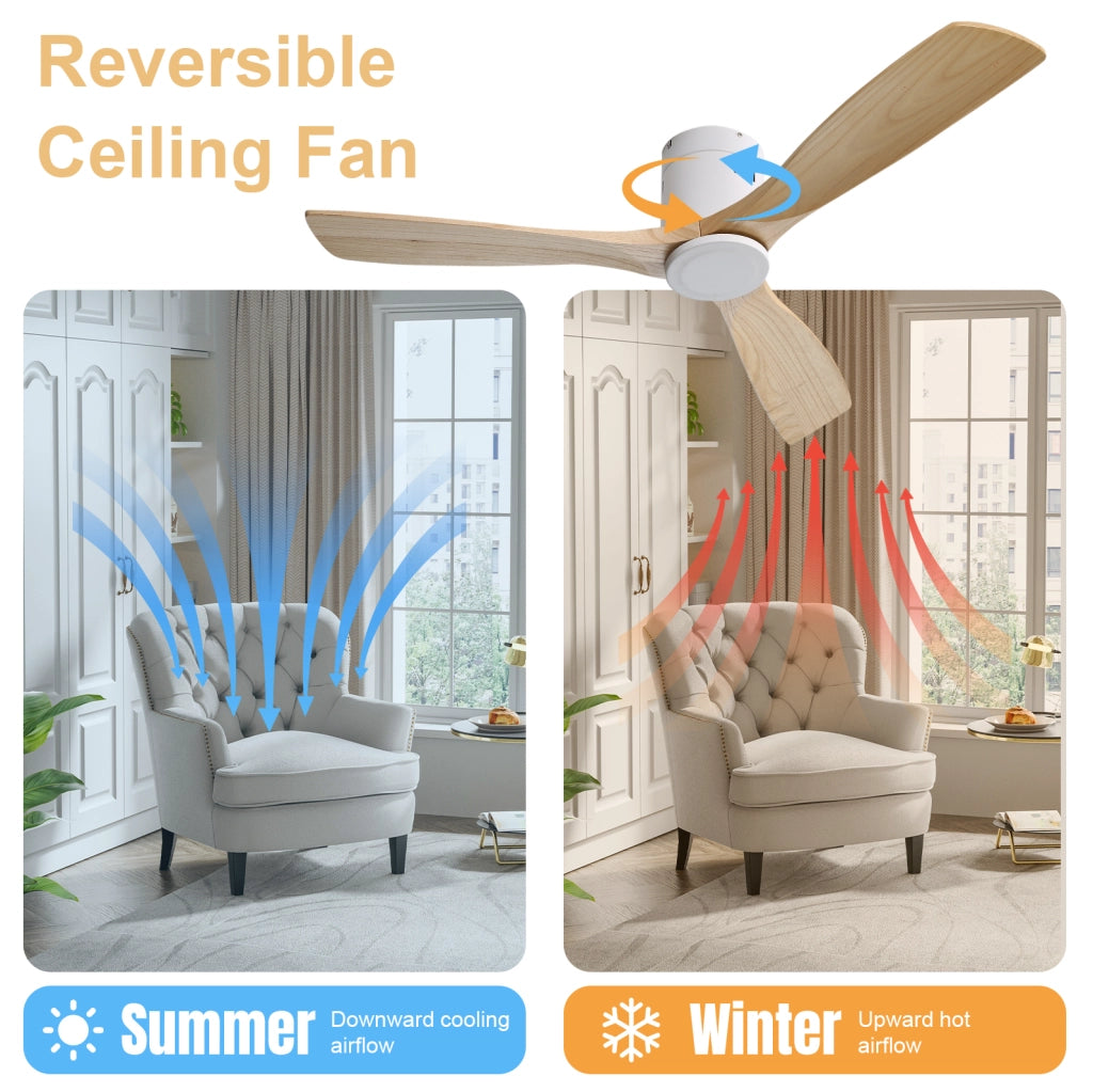 Ventilatore da soffitto 132 cm con motore DC reversibile; 3 pale in legno e telecomando; bianco