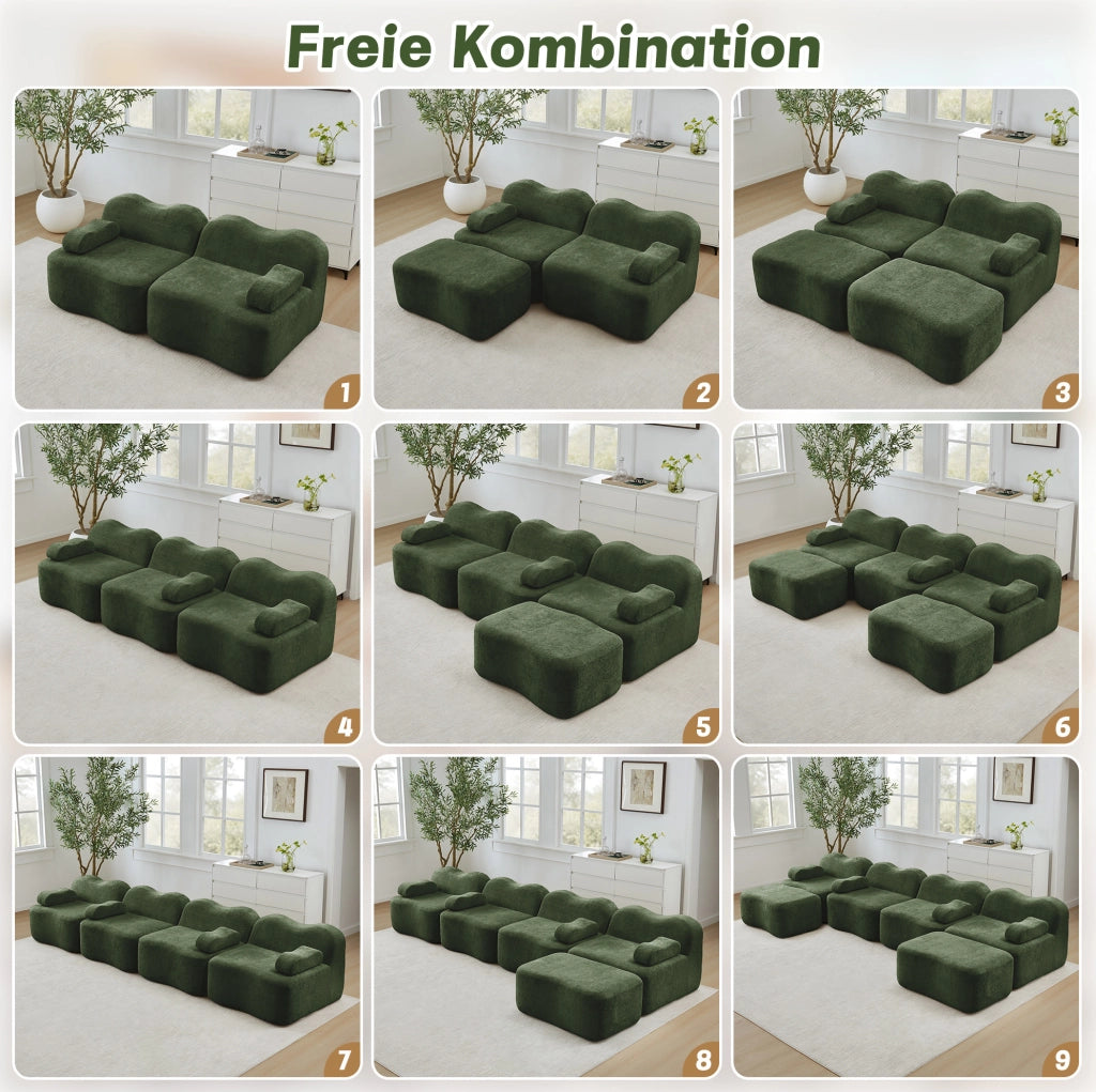 Divano angolare modulare in velluto verde con pouf