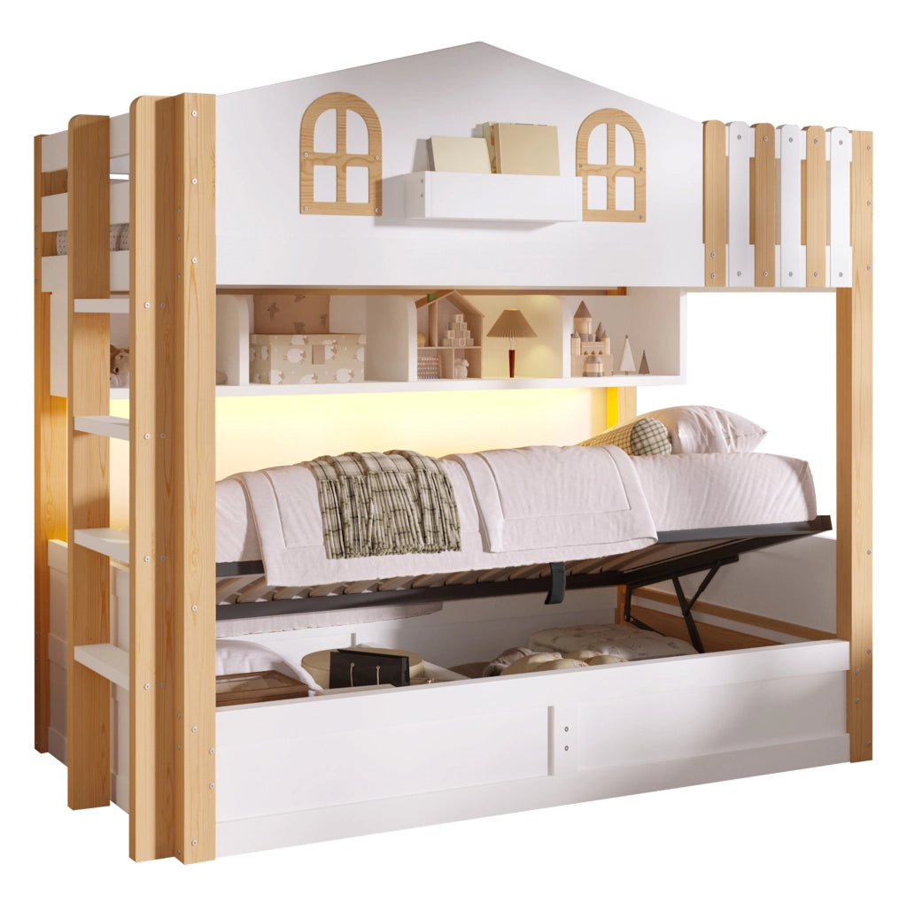 Letto a castello 90x200 cm stile casetta con contenitore idraulico; LED e scala reversibile