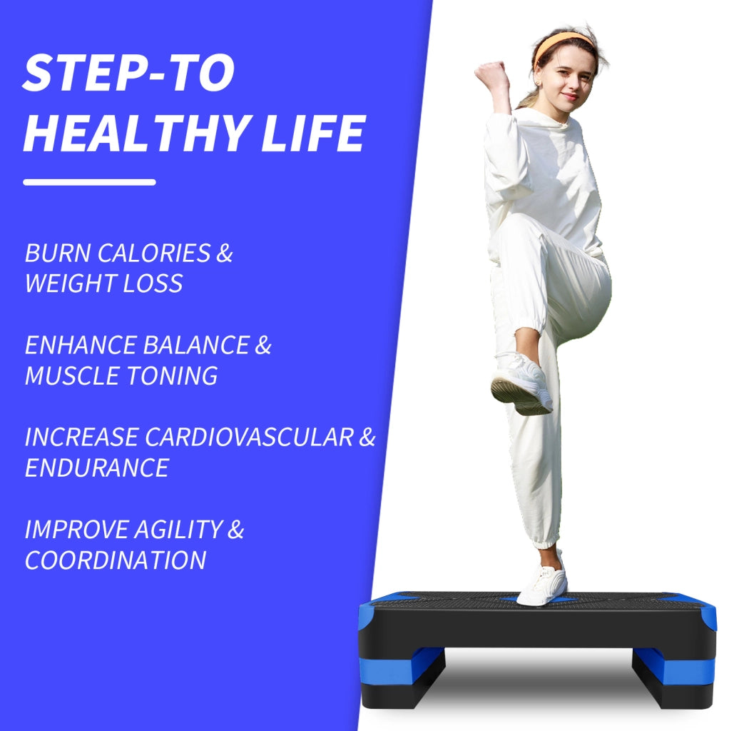Step aerobico regolabile blu 68,5 cm con 4 rialzi