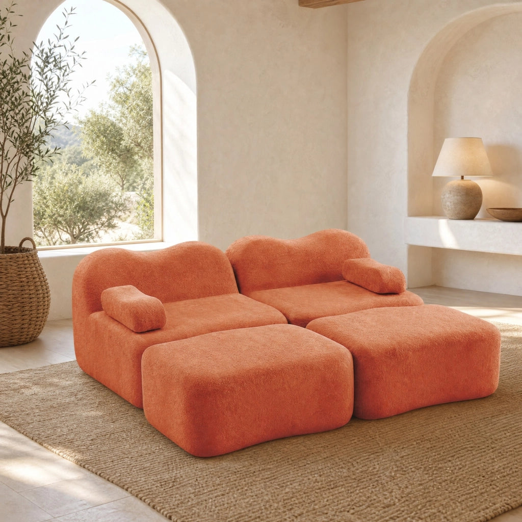 Divano modulare angolare in velluto arancione con pouf