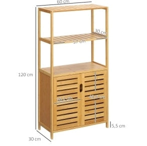 Mobile bagno in bambù con ante a lamelle, ripiani aperti, 60x30x120 cm, salvaspazio