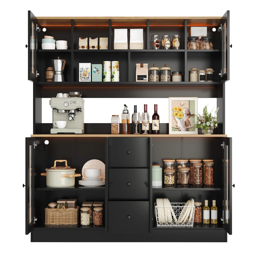 Mobile dispensa da cucina nero e naturale con LED e prese, 150 cm