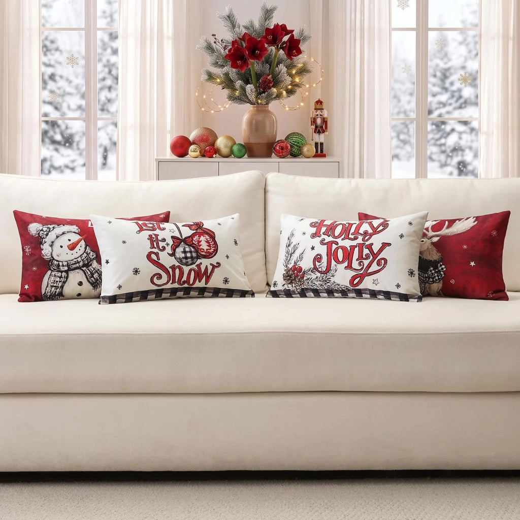Set di 4 federe natalizie, 30x50 cm, in poliestere e cotone