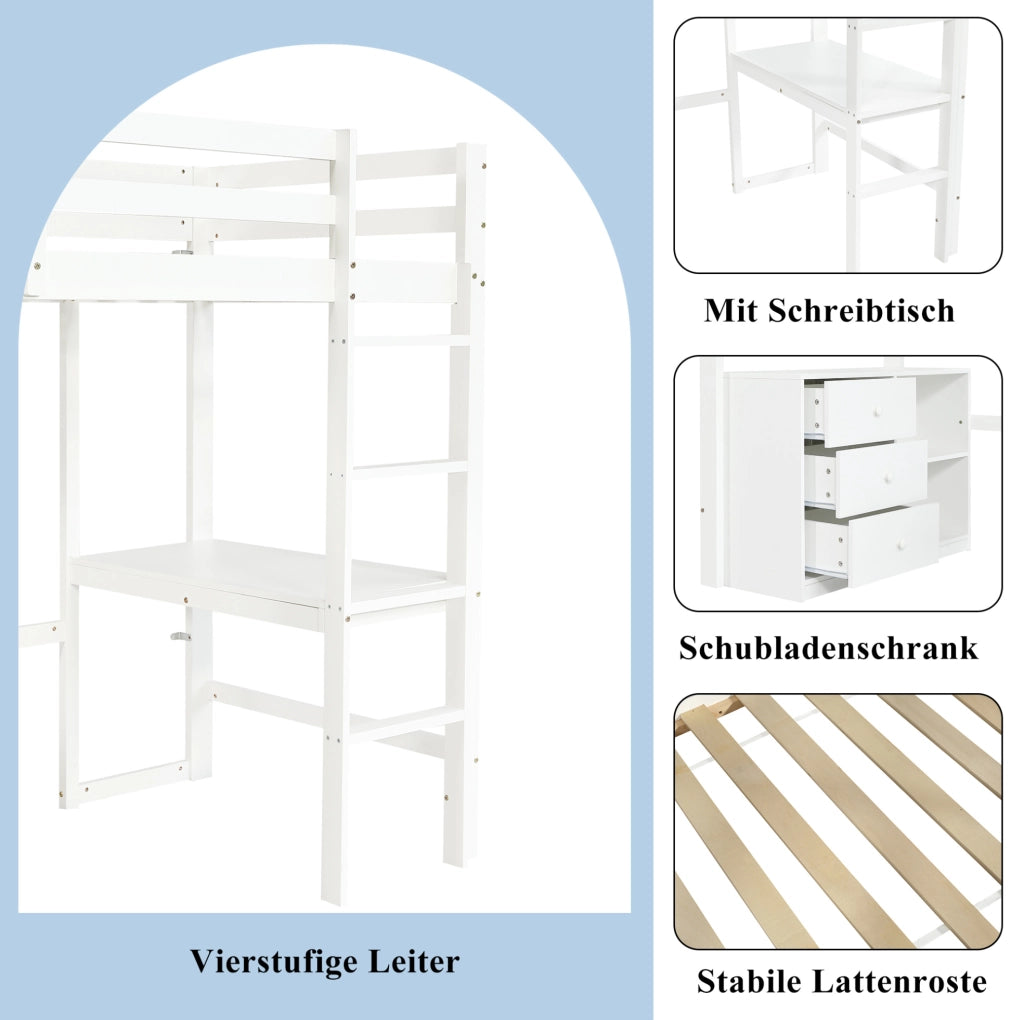 Letto a soppalco per bambini 90x200 cm con scrivania, bianco