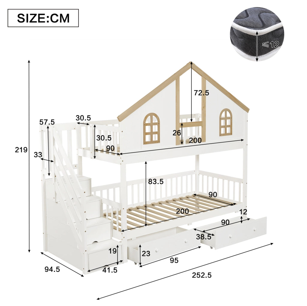 Letto a castello bambini 90x200 cm con scala contenitore