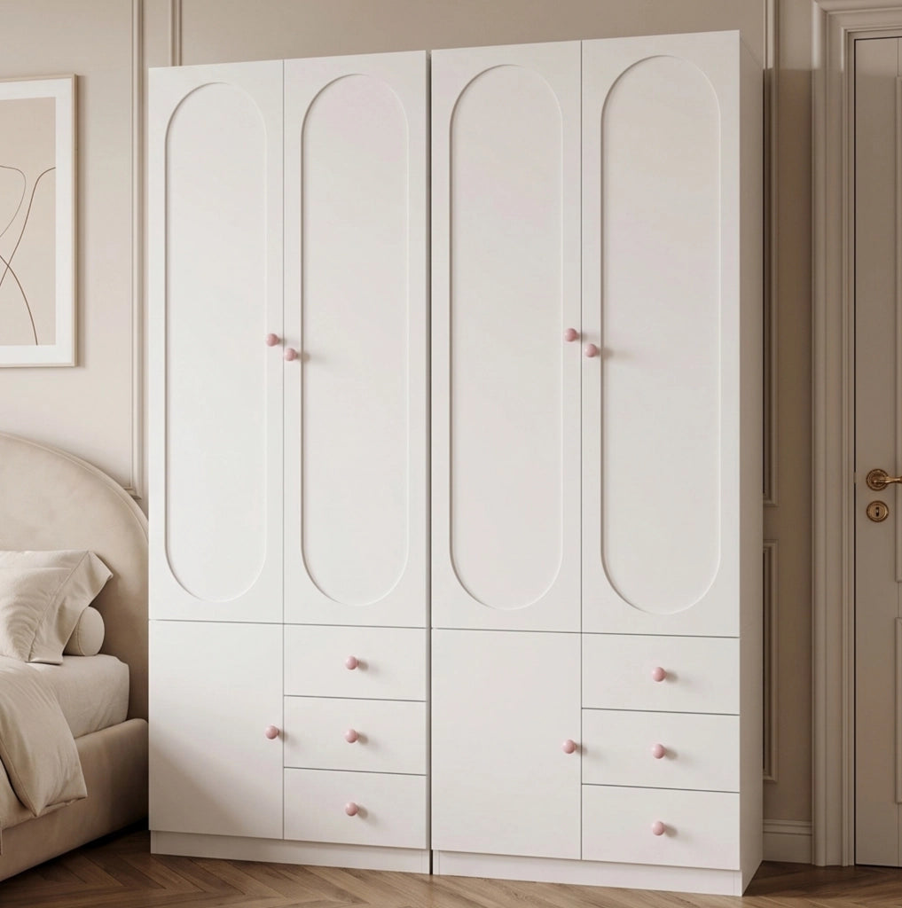 Armadio bianco in MDF con tre cassetti e maniglie rosa