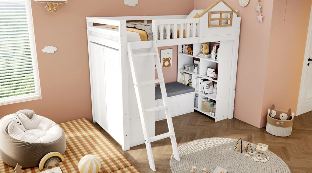 Letto a soppalco 90x200 con armadio e panca bianco/naturale