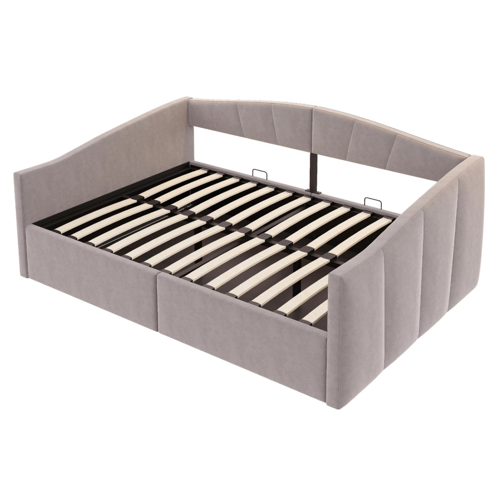 Letto imbottito 140x200 cm con contenitore idraulico e rete a doghe in velluto grigio chiaro