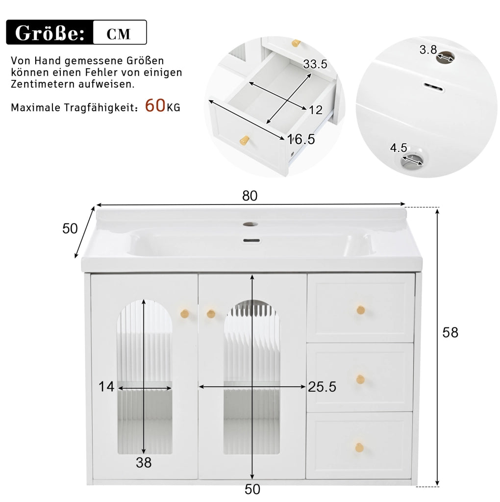 Mobile lavabo sospeso 80 cm in MDF bianco con 2 cassetti e lavabo in ceramica