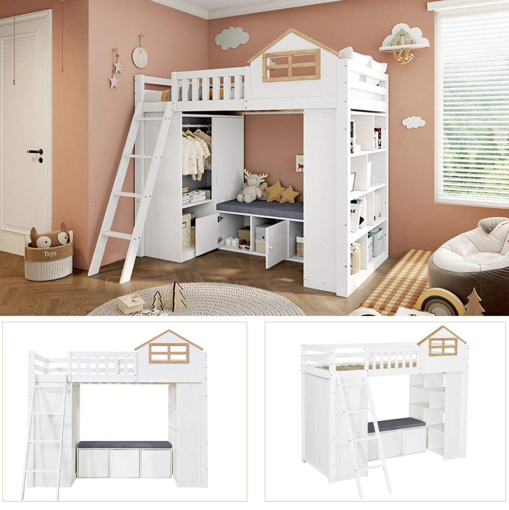 Letto a soppalco 90x200 con armadio e panca bianco/naturale
