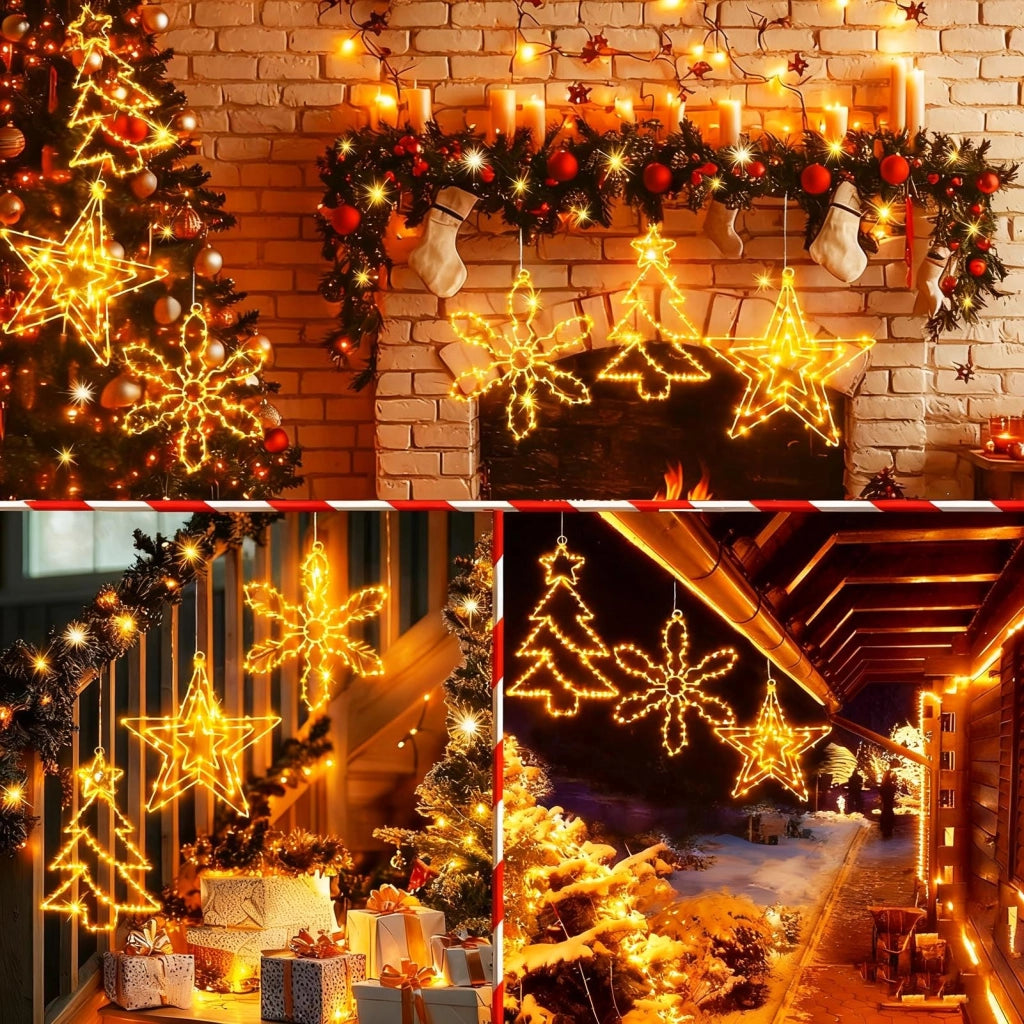 Set di 3 luci LED per finestre: stella, albero, fiocco di neve, con timer