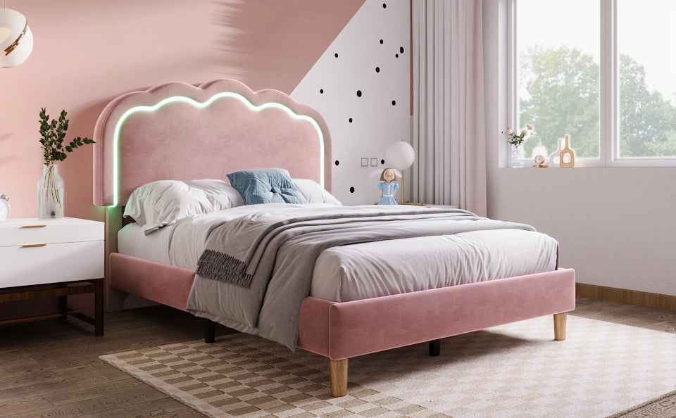 Letto singolo imbottito WUVRIE 90x190 cm con testiera LED regolabile in velluto rosa