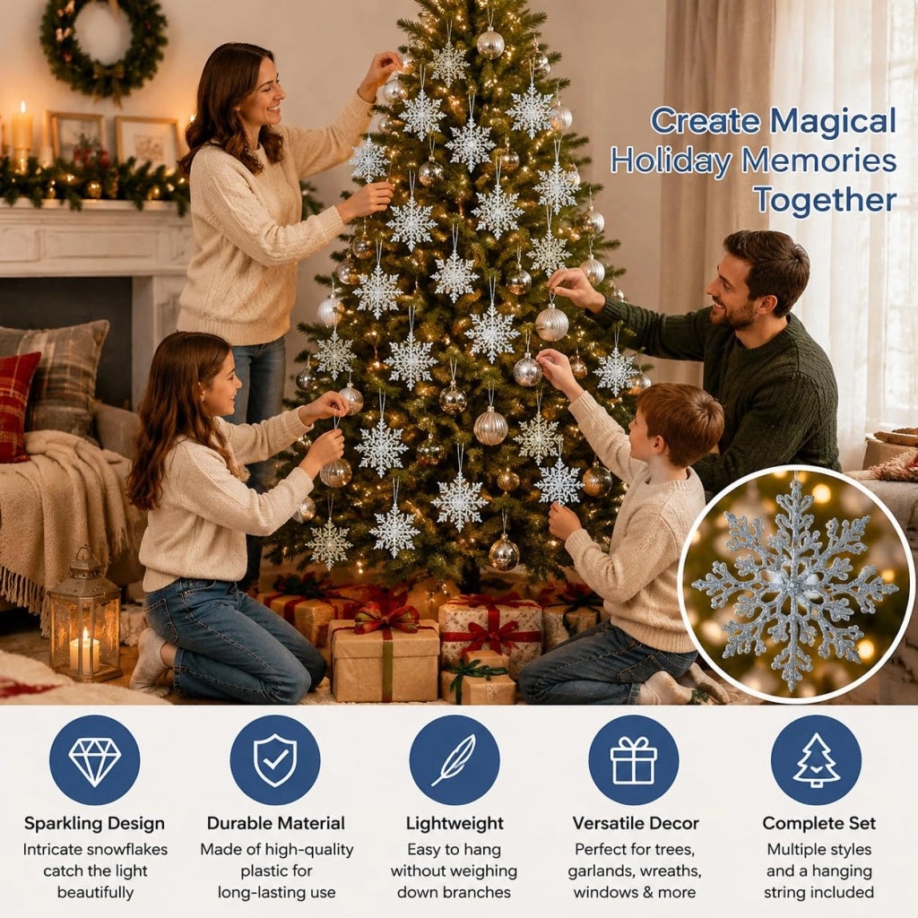 30 fiocchi di neve blu con glitter, 4 design diversi, inclusi nastrini