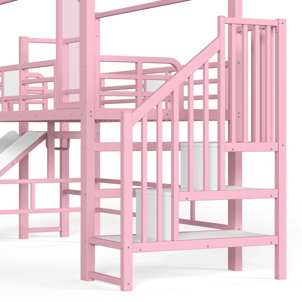 Letto a soppalco rosa per bambini con scivolo e scala