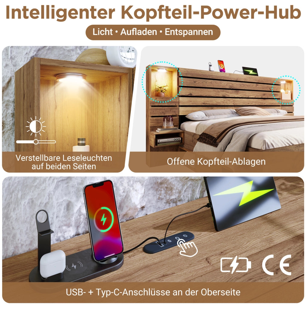 LETTO Matrimoniale 180x200 cm con LED, USB e Type-C Rovere
