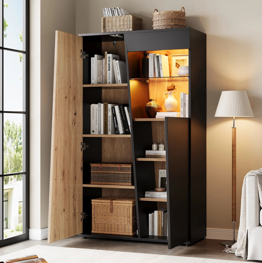 Vetrina a 2 ante con LED Bluetooth, 80 × 35 × 139,5 cm, nero e legno