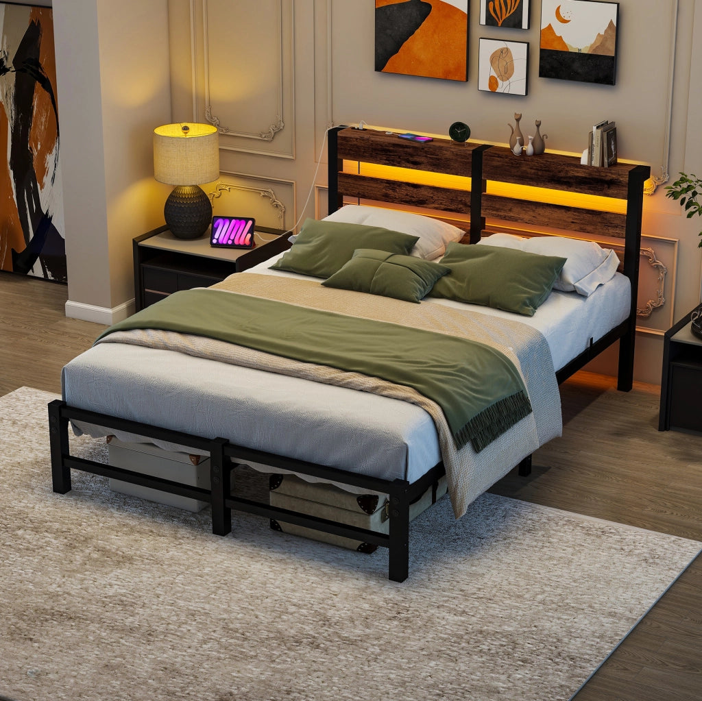Letto per adulti 120x200 cm con 2 porte USB; LED RGB e spazio sottoletto di 27 cm; in metallo e legno; nero e marrone; senza materasso