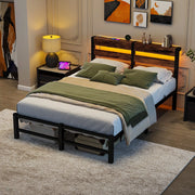 Letto per adulti 120x200 cm con 2 porte USB; LED RGB e spazio sottoletto di 27 cm; in metallo e legno; nero e marrone; senza materasso
