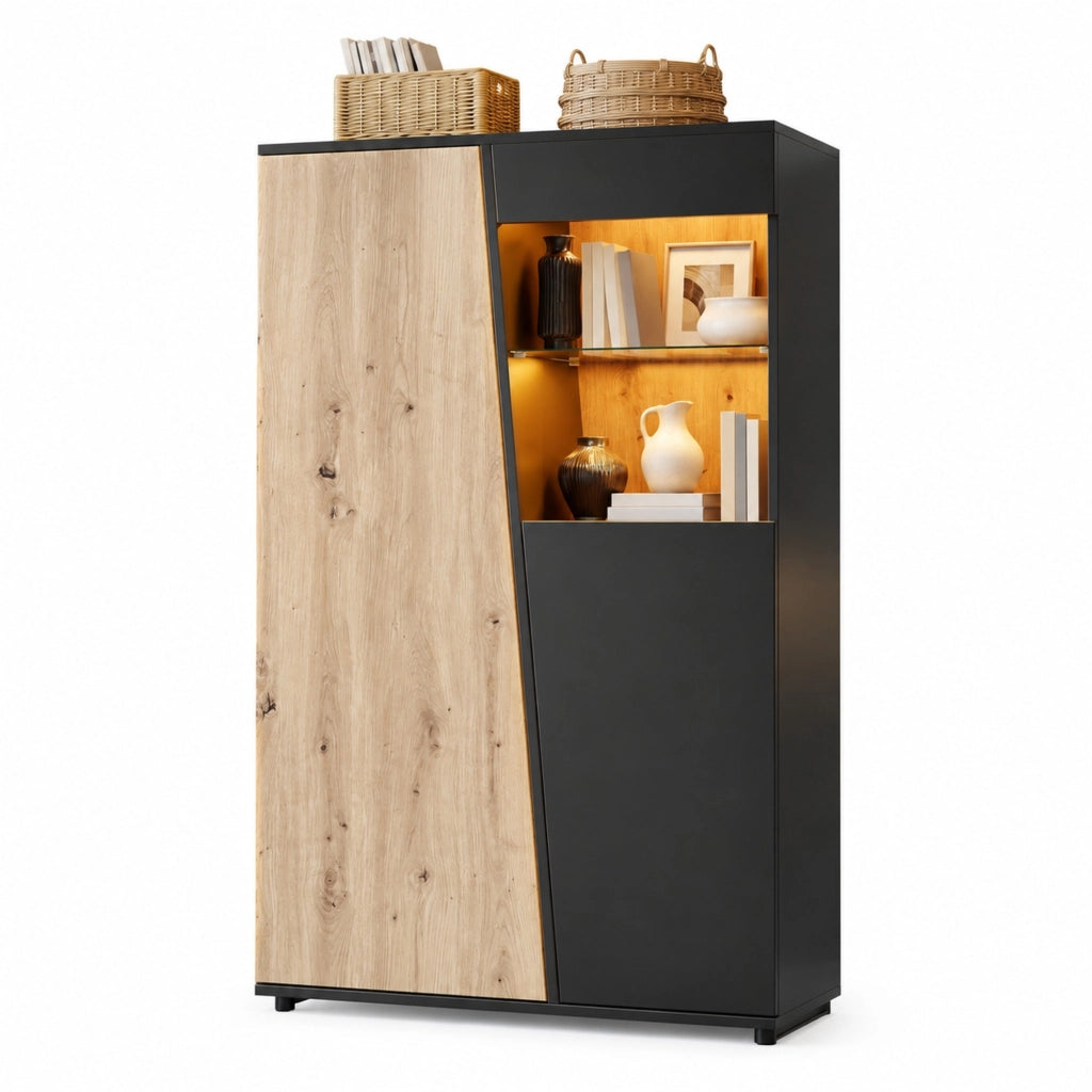 Vetrina a 2 ante con LED Bluetooth, 80 × 35 × 139,5 cm, nero e legno