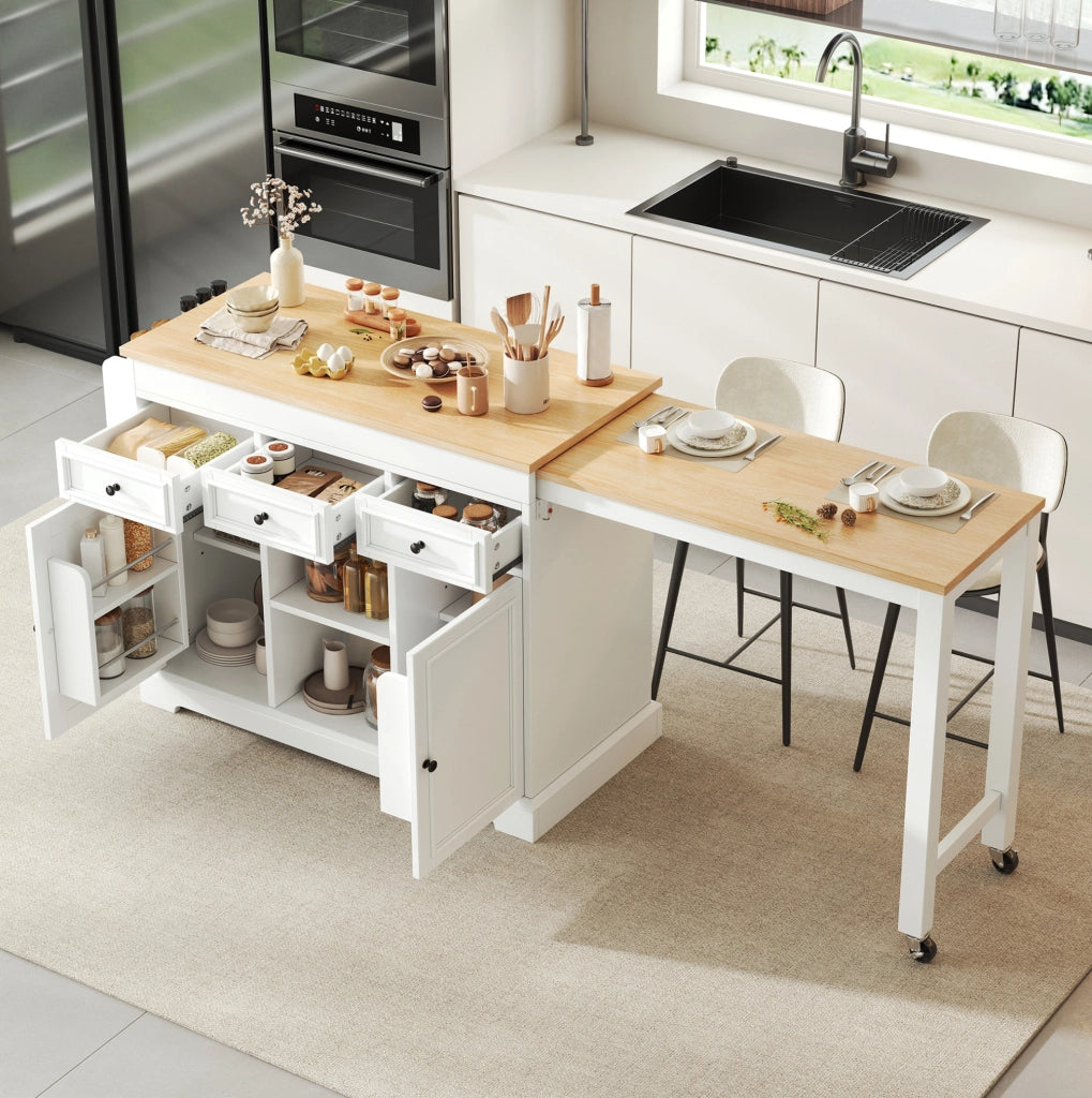 Isola da cucina mobile bianca e naturale con piano estraibile e vani portaoggetti