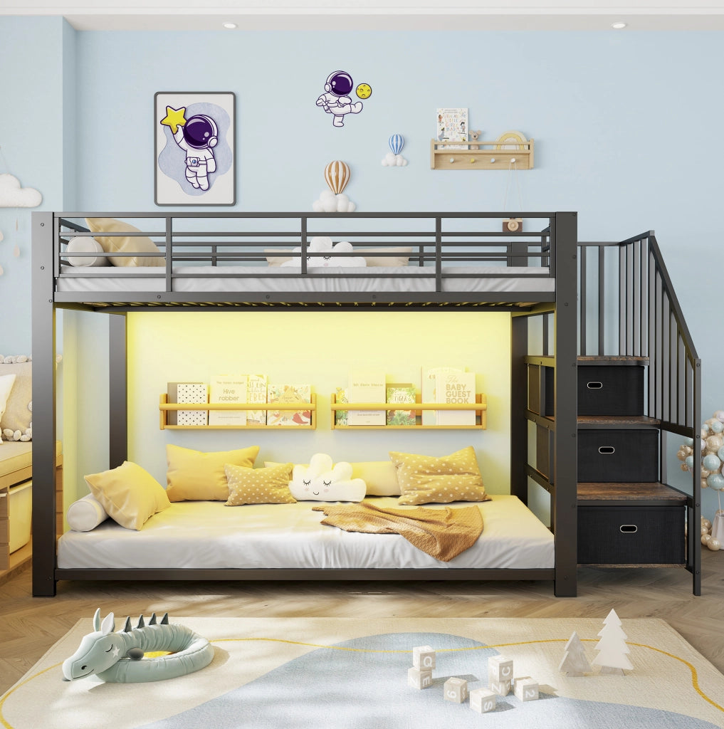 Letto a castello 90 x 200 cm in metallo e MDF con scala e LED, nero