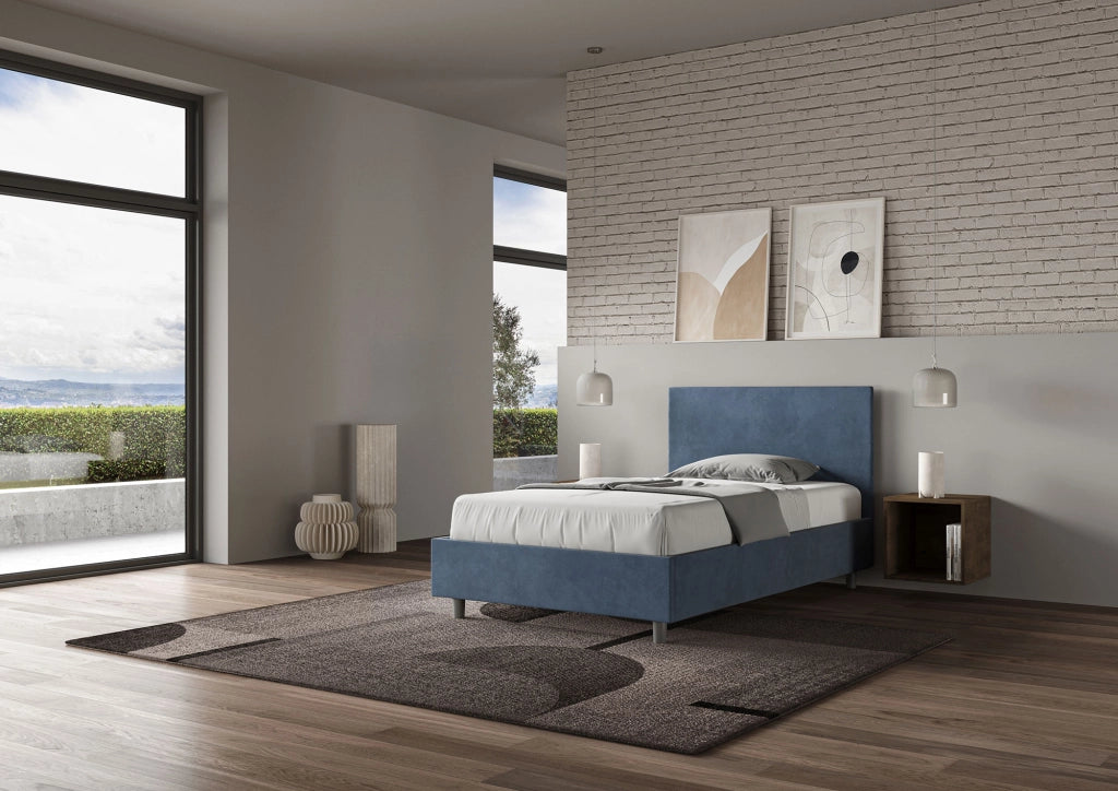 Letto una piazza e mezza rivestito in Microfibra 120x210 Con Rete Adele Blu