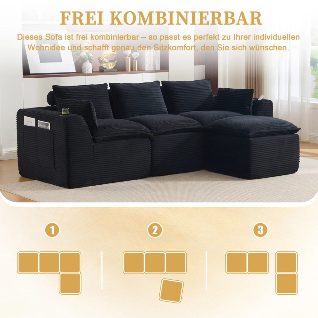 Divano modulare in velluto a coste nero con pouf, 256 cm