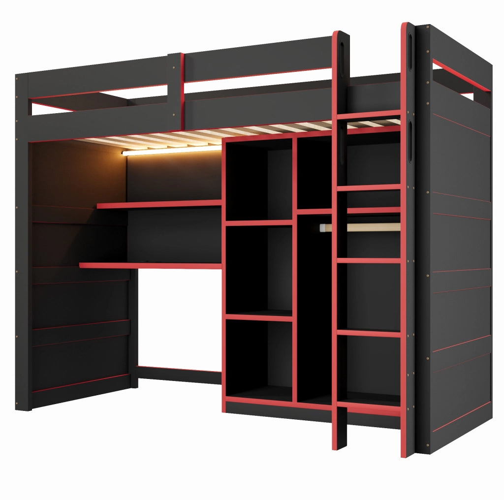 Letto a soppalco gaming 90x200 cm con scrivania e armadio, nero e rosso