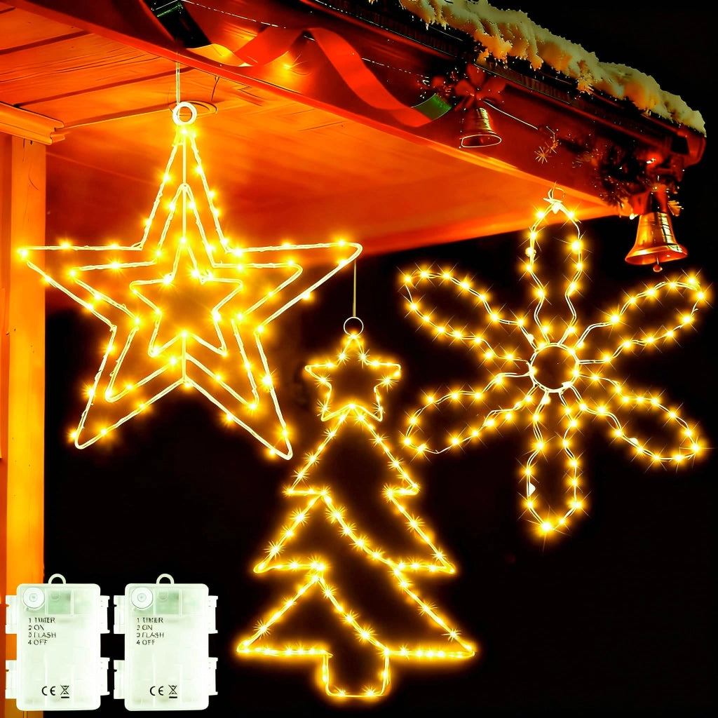 Set di 3 luci LED per finestre: stella, albero, fiocco di neve, con timer