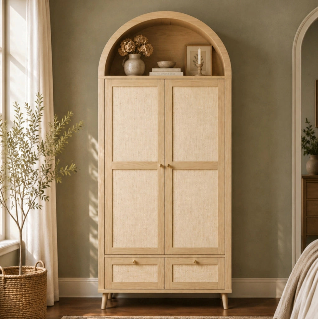 Armadio ad arco effetto rovere e rattan con 2 cassetti