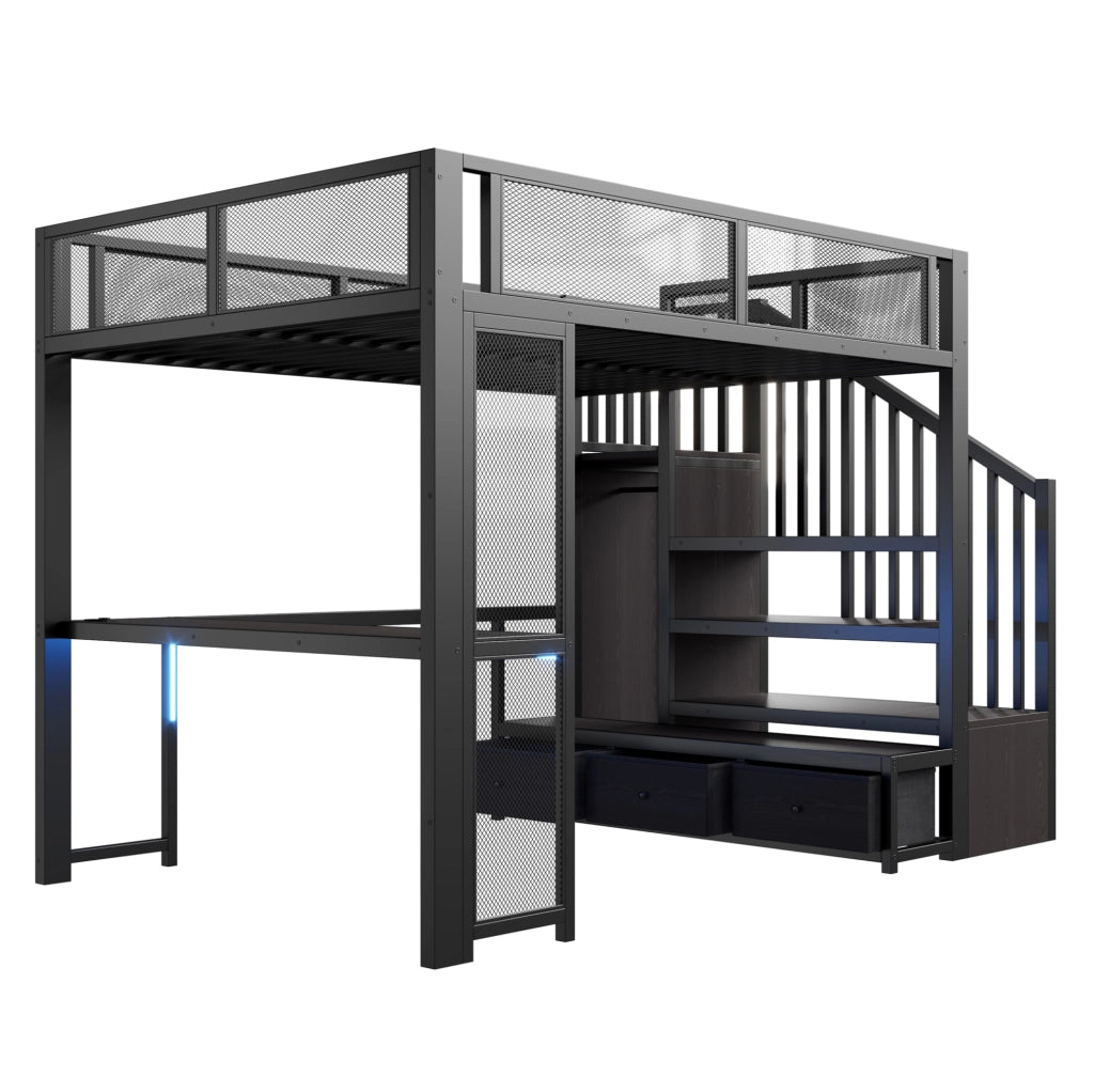 Letto a soppalco 140x200 cm nero con scrivania, LED e cassetti
