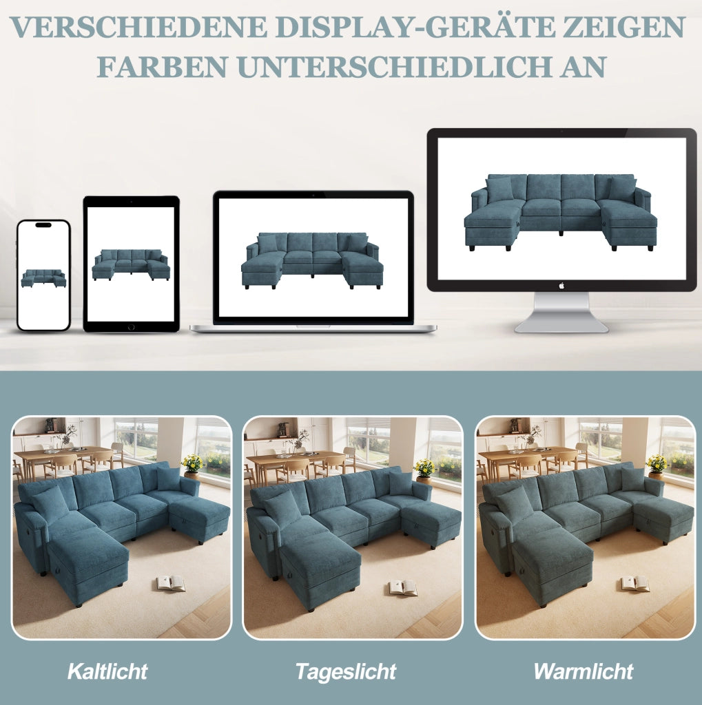 Divano modulare blu in ciniglia con due pouf contenitori