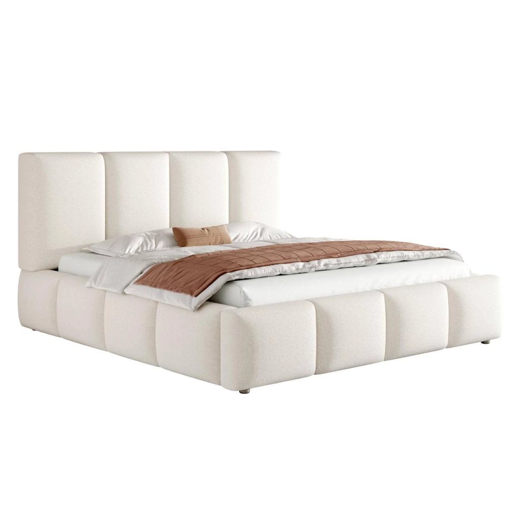 Letto contenitore matrimoniale 180x200 cm con sollevamento idraulico e rete a doghe; in bouclé bianco; senza materasso