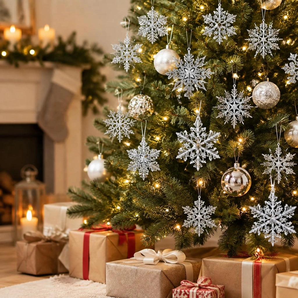 30 fiocchi di neve blu con glitter, 4 design diversi, inclusi nastrini
