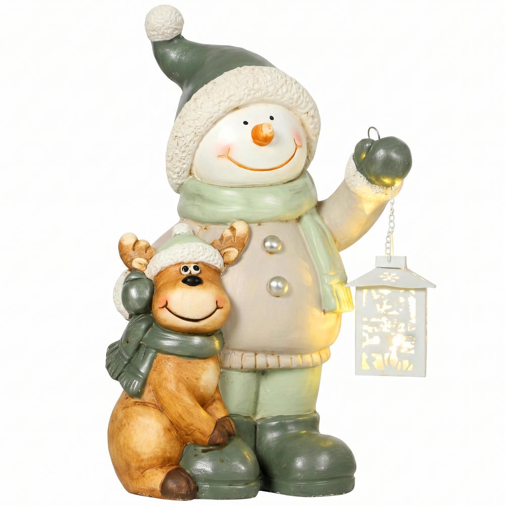 Statua Pupazzo di Neve 43 cm in MGO con Lanterna LED 2800K e Timer per Ingresso e Veranda
