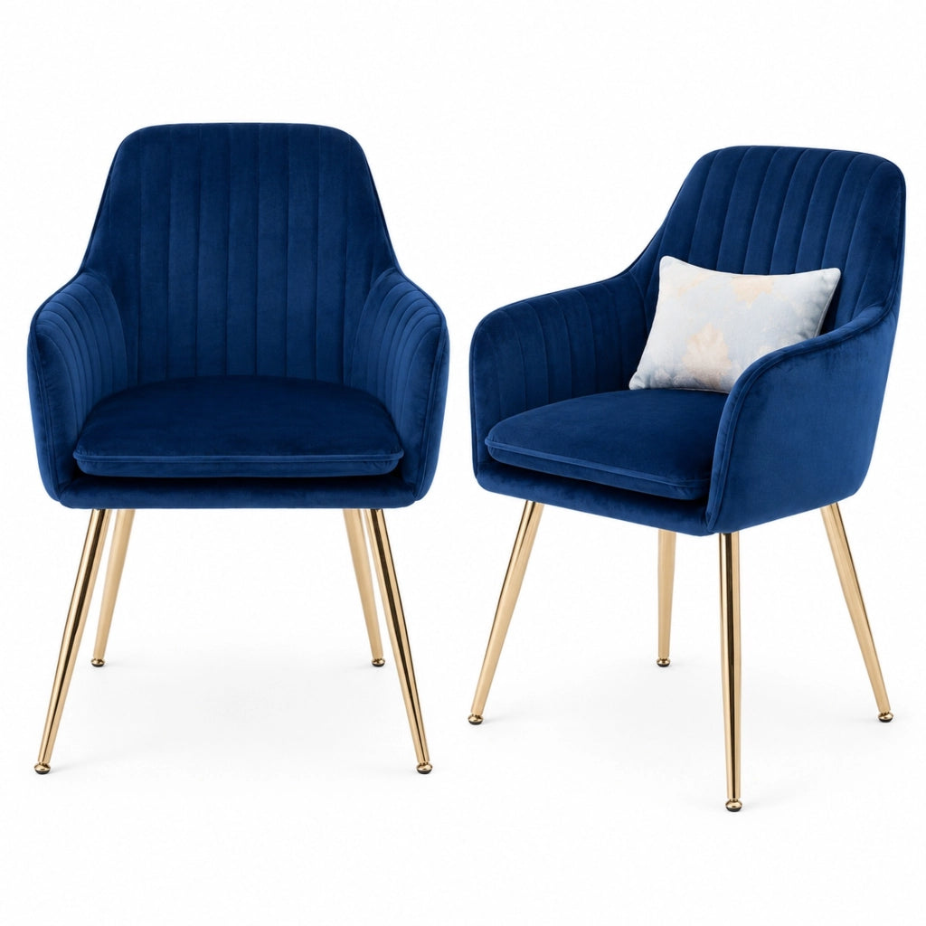 Set di 2 sedie da pranzo blu con braccioli e gambe dorate
