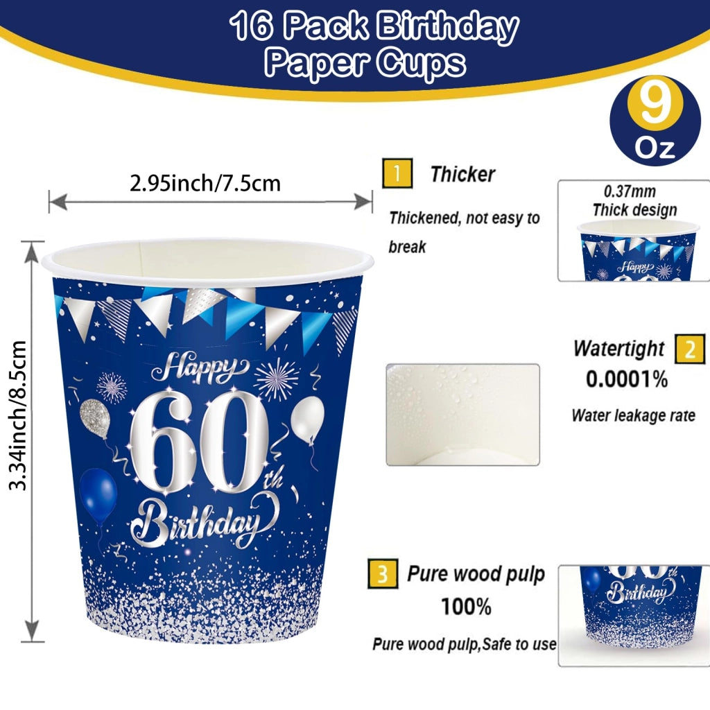 16 bicchieri di carta da 250 ml, blu e argento, per il 60° compleanno
