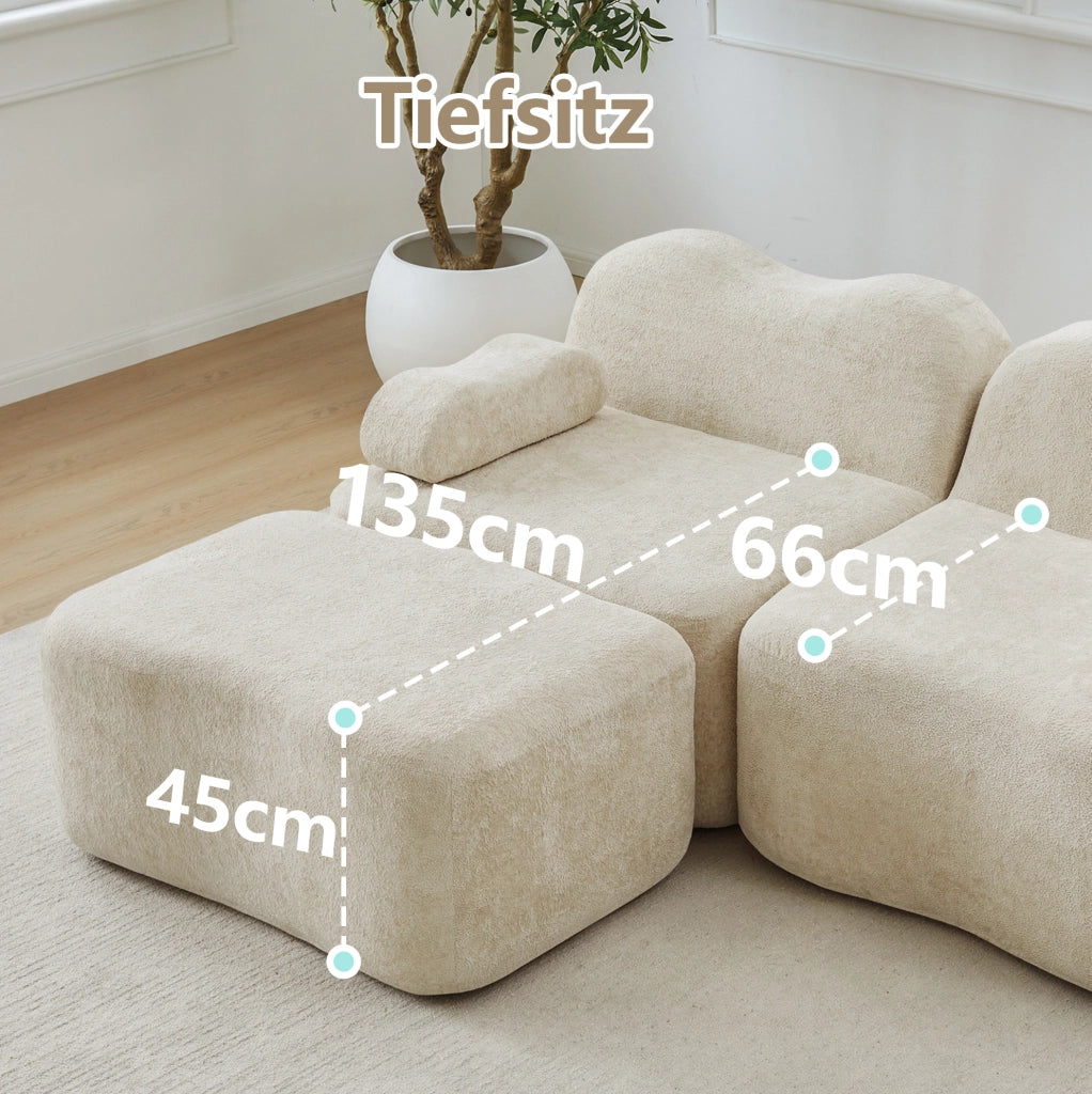 Divano angolare modulare in velluto beige con pouf, 192 cm