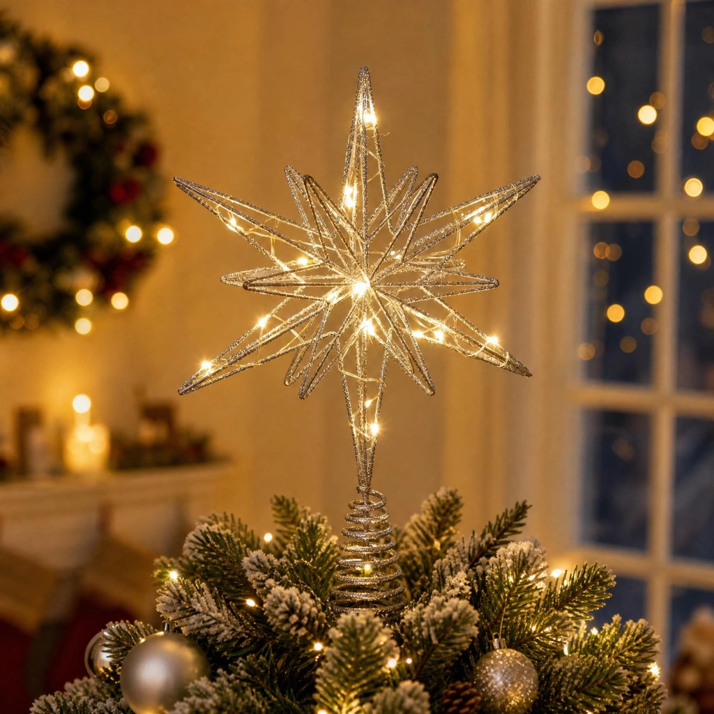 Stella di Natale, 33 cm, argento, 20 LED, alimentata a batteria