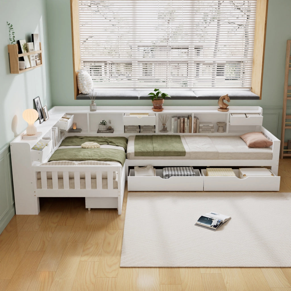 Letto per bambini a L 90x200 cm; 2 posti letto; contenitore; ripiani e 3 cassetti; in legno; bianco