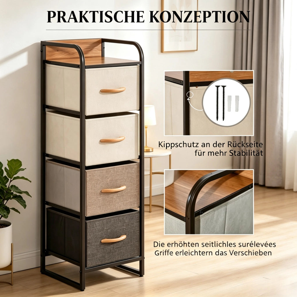 Cassettiera beige e marrone con 4 cassetti pieghevoli