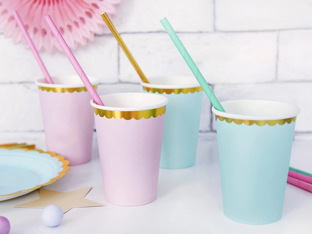 6 bicchieri di plastica rosa con bordo dorato, capacità 220 ml, monouso